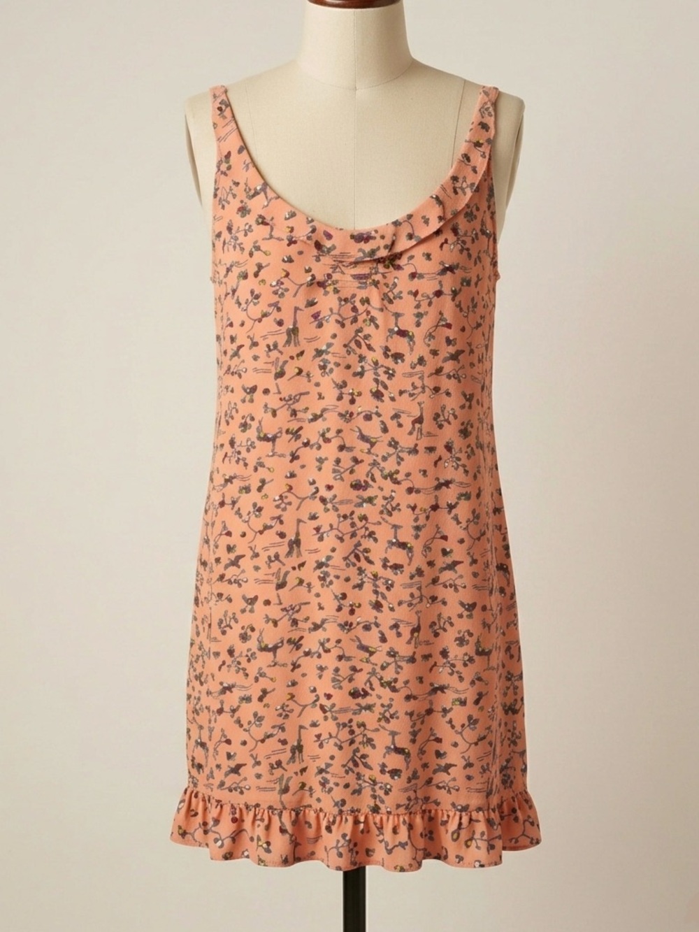 Sold Anthropologie Floreat Peach Pink Bird Floral Slip Dress Ruffle Hem Cutout - Picture 2 of 13
